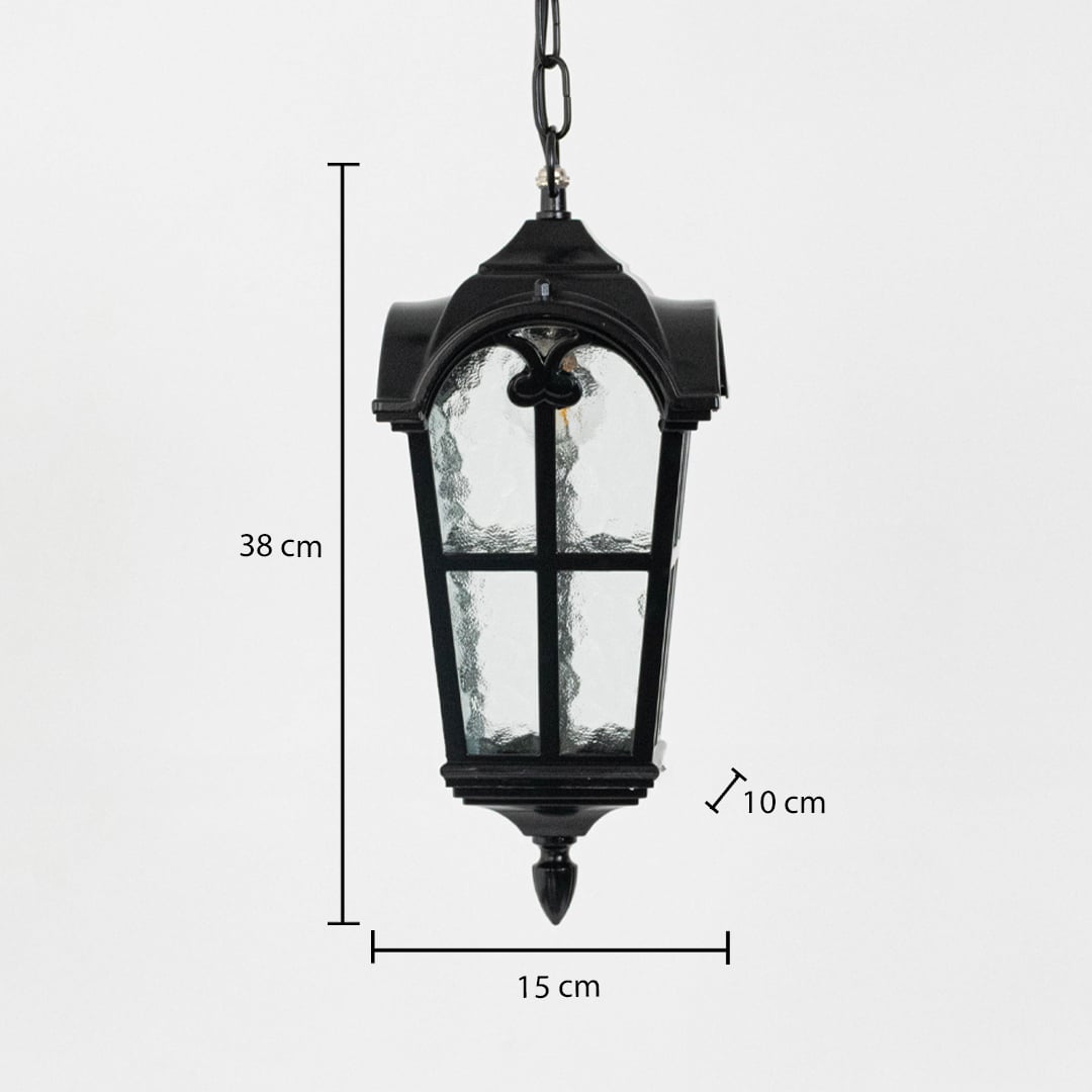 Black hanging outdoor lantern dimension image showing height 38 cm and width 15 cm with curved top.