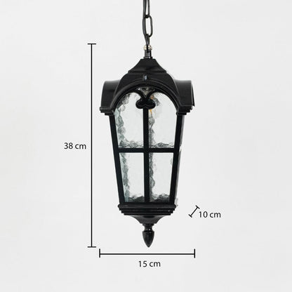 Black hanging outdoor lantern dimension image showing height 38 cm and width 15 cm with curved top.