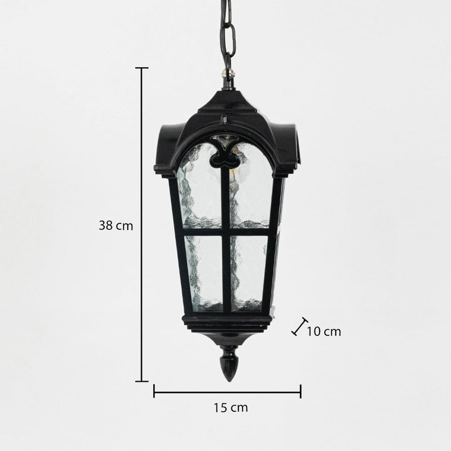 Black hanging outdoor lantern dimension image showing height 38 cm and width 15 cm with curved top.