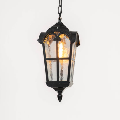 Antique black metal hanging lantern light with textured glass for classic outdoor lighting decor.