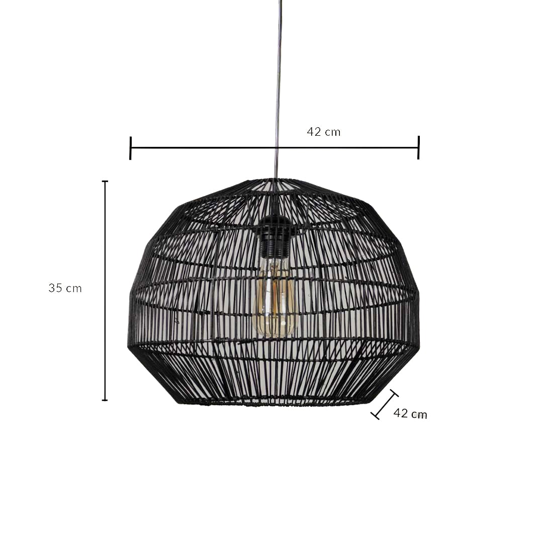 Black rattan pendant light dimension image showing 35 cm height and 42 cm width perfect for dining or living room lighting.