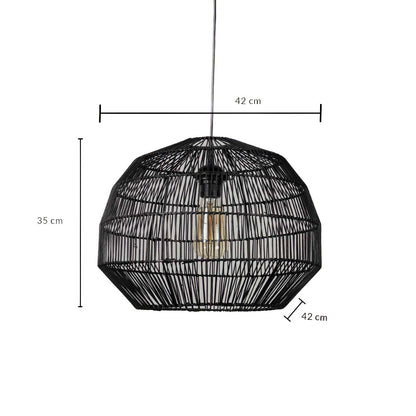 Black rattan pendant light dimension image showing 35 cm height and 42 cm width perfect for dining or living room lighting.