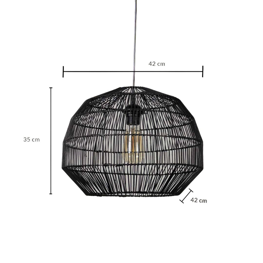 Black rattan pendant light dimension image showing 35 cm height and 42 cm width perfect for dining or living room lighting.