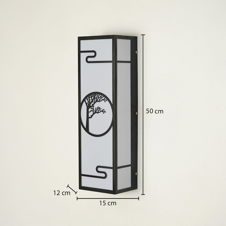 Modern outdoor wall light with black frame and tree pattern frosted panel on neutral background 50 cm height 15 cm width 12 cm depth suitable for exterior decor lighting.