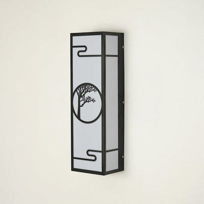 Contemporary outdoor wall light with black metal frame and decorative design on clean background perfect for exterior home decor lighting.

