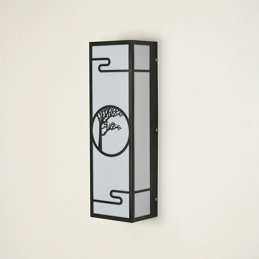 Contemporary outdoor wall light with black metal frame and decorative design on clean background perfect for exterior home decor lighting.

