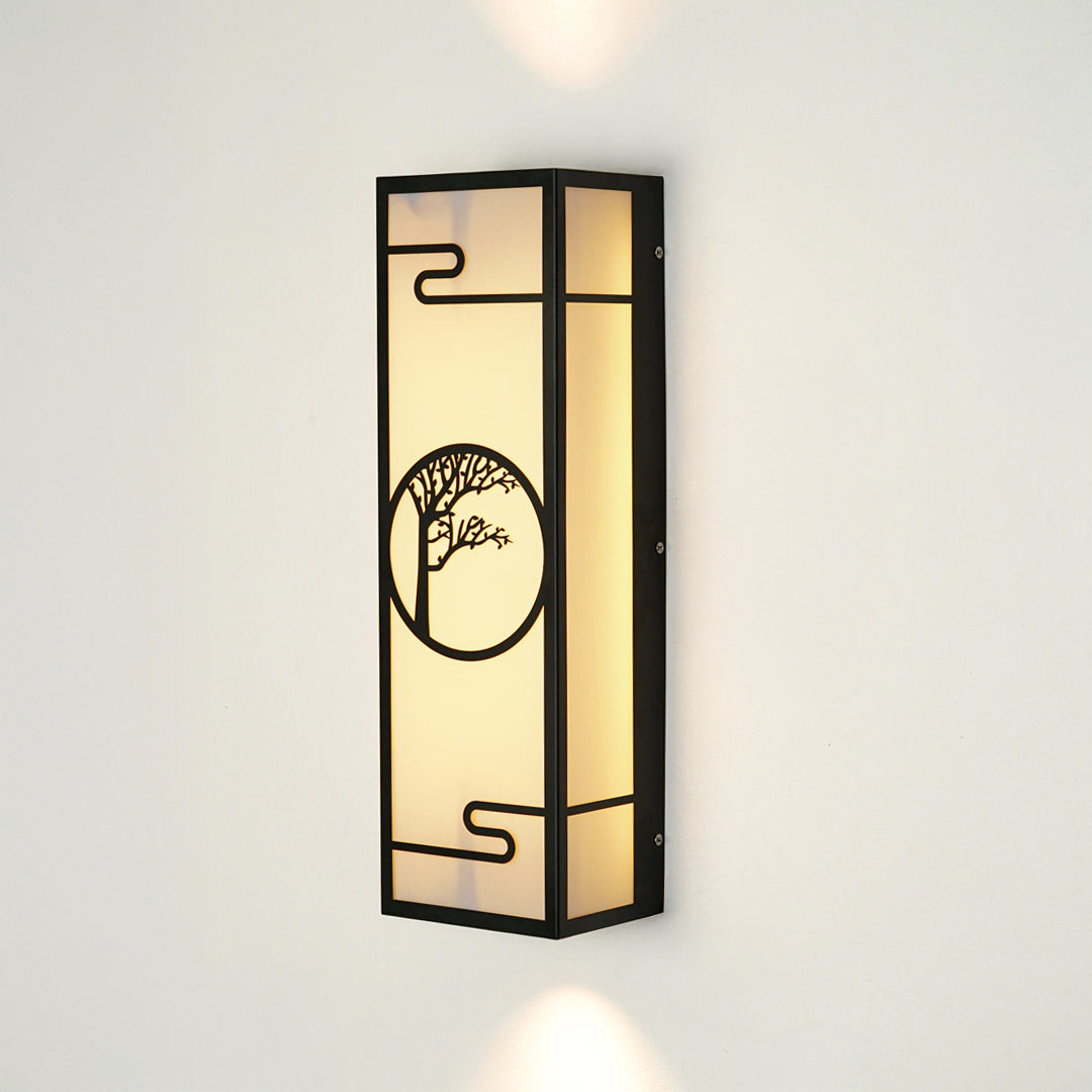 Modern outdoor wall sconce with rectangular metal frame and patterned glass panel on neutral background ideal for porch or entry lighting.