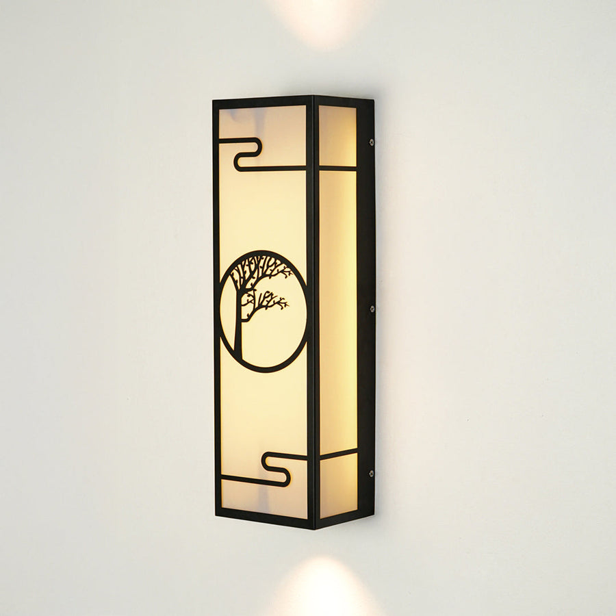 Modern outdoor wall sconce with rectangular metal frame and patterned glass panel on neutral background ideal for porch or entry lighting.