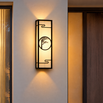 Oriental black metal outdoor wall sconce light with up down illumination for front door porch entry and home exterior decor.