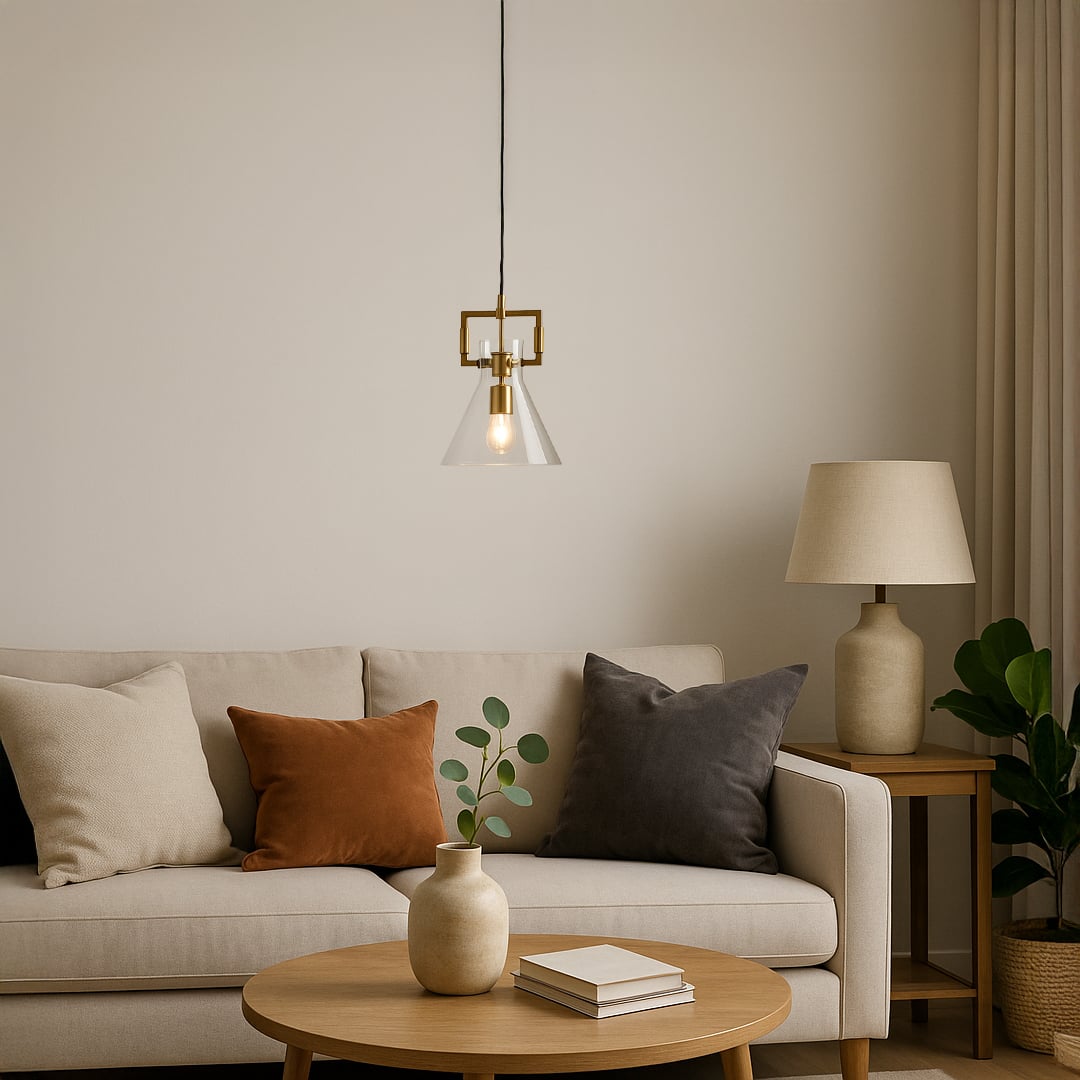 Contemporary cone shaped pendant light displayed with light on adding warm glowing ambience and stylish gold detailing to modern home spaces.