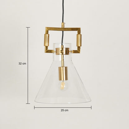 Dimension image of aspen clear glass hanging pendant lamp with cone shade for elegant dining room decor styling with accurate details.