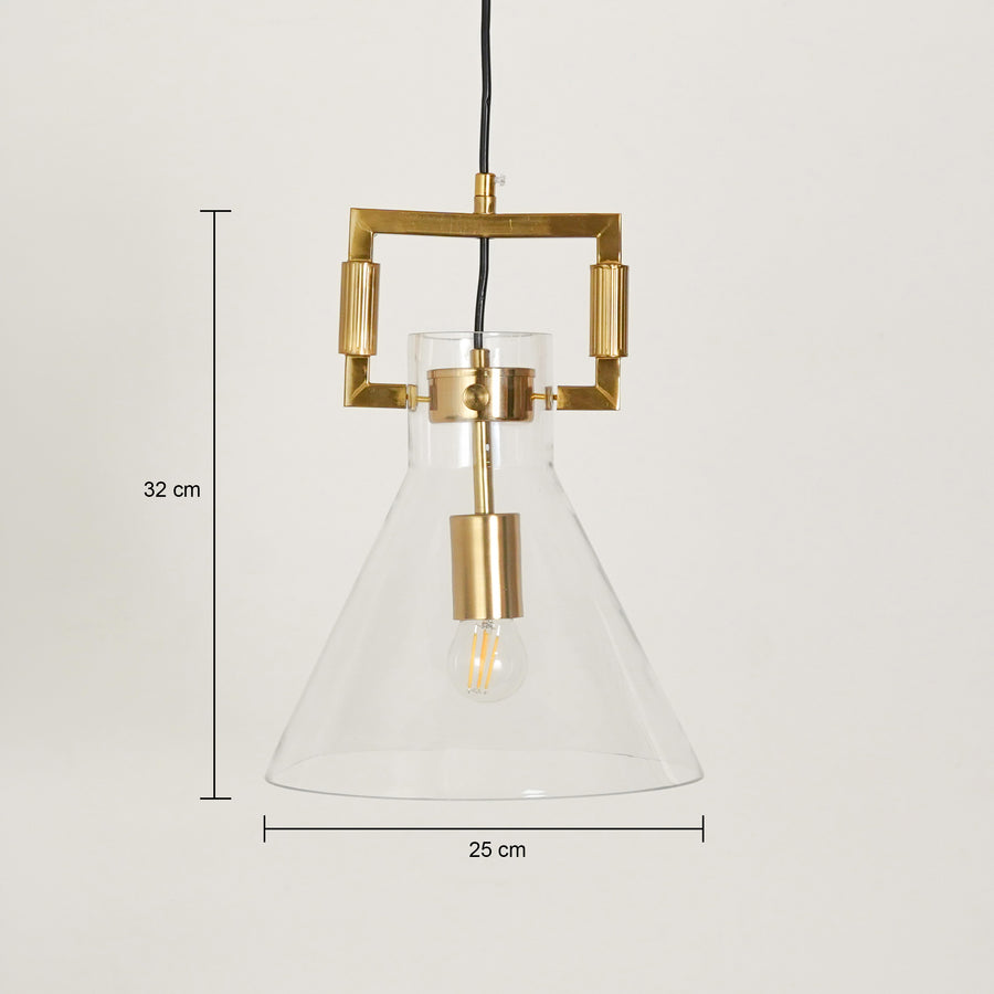 Dimension image of aspen clear glass hanging pendant lamp with cone shade for elegant dining room decor styling with accurate details.