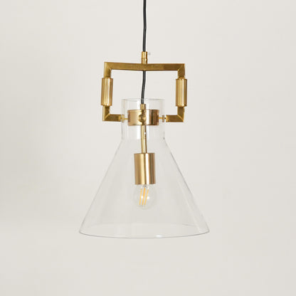 White background image of aspen clear glass hanging pendant lamp with cone shade for elegant dining room decor styling and modern home lighting.