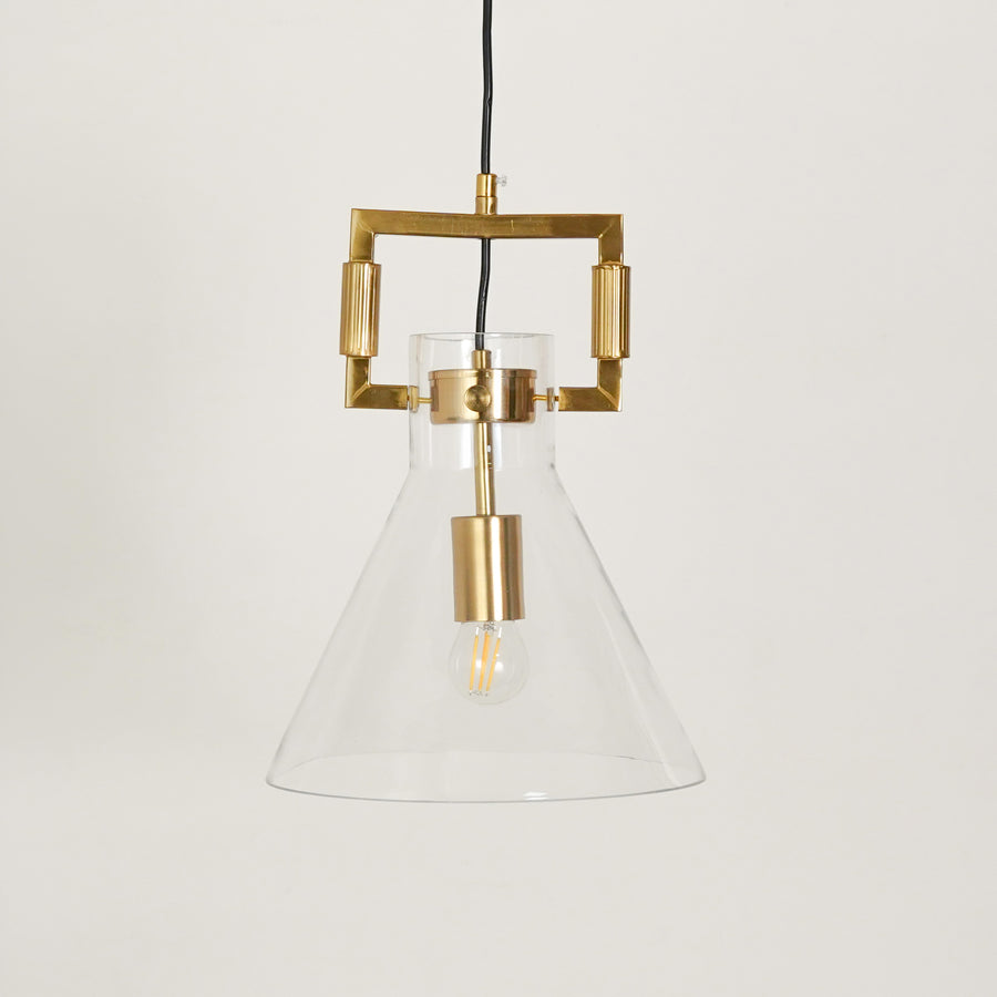 White background image of aspen clear glass hanging pendant lamp with cone shade for elegant dining room decor styling and modern home lighting.