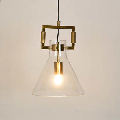 White background image of illuminated aspen clear glass hanging pendant lamp with cone shade for elegant dining room decor styling and modern home lighting.