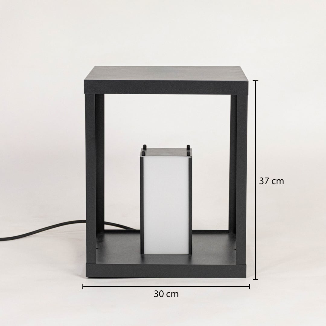 Outdoor table lantern in black metal with frosted glass showing 37 cm height and 30 cm width for exterior decor use.v