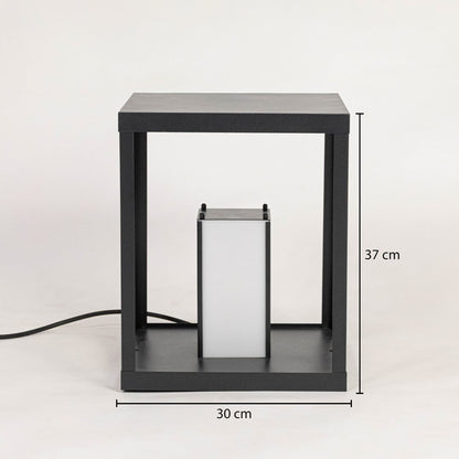 Outdoor table lantern in black metal with frosted glass showing 37 cm height and 30 cm width for exterior decor use.v