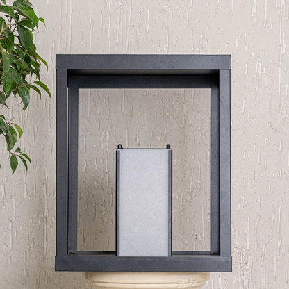 Outdoor gate light with square metal frame shown on white background highlighting modern design clean edges and wall mounting detail.