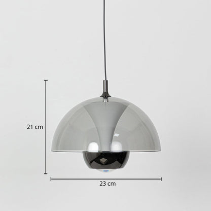 A pendant light with a smoked grey dome showing dimensions of 21 cm height and 23 cm width clearly marked against a plain white background.
