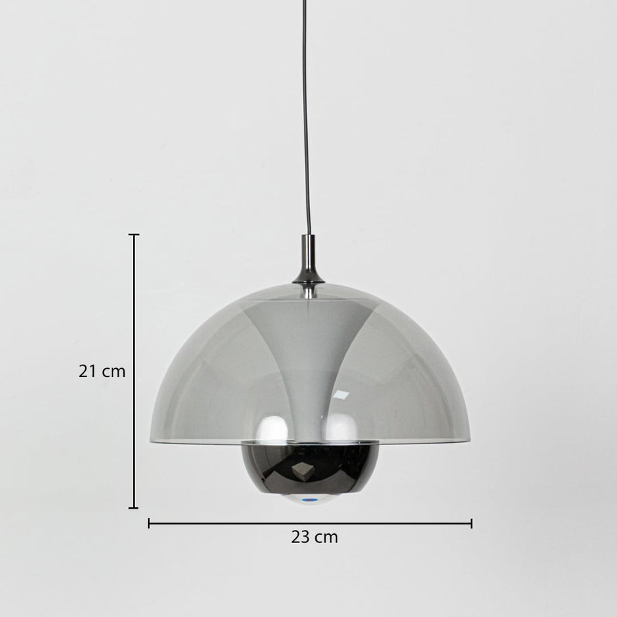 A pendant light with a smoked grey dome showing dimensions of 21 cm height and 23 cm width clearly marked against a plain white background.