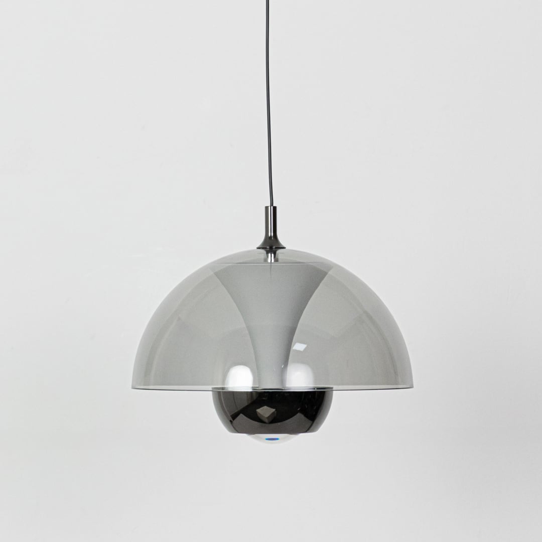 A dome pendant light turned off featuring a smoked grey dome shade and reflective inner globe displayed clearly against a white background.
