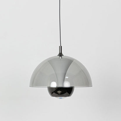 A dome pendant light turned off featuring a smoked grey dome shade and reflective inner globe displayed clearly against a white background.