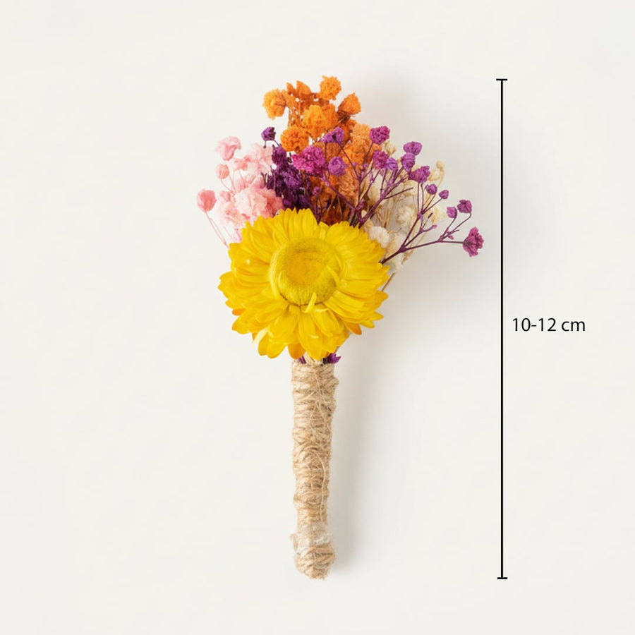 Dried floral bunch with yellow bloom pink and orange accents showing height 10 to 12 cm ideal for small vase and Decor styling.