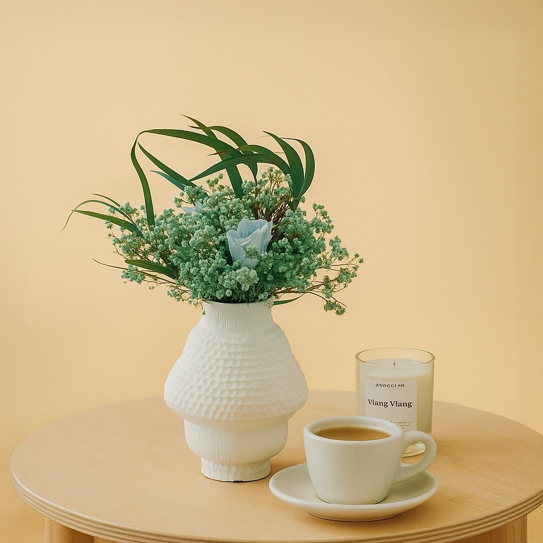 Handcrafted white ceramic vase filled with soft blue and green florals styled on a light wooden table creating a calm and elegant living room setting.