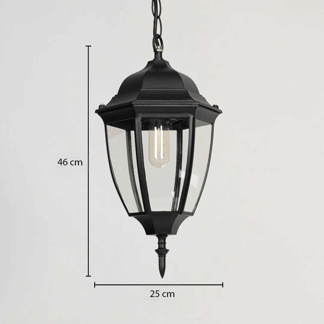 Black metal outdoor hanging lantern showing height 46 cm and width 25 cm ideal for porch entryway and exterior Decor.