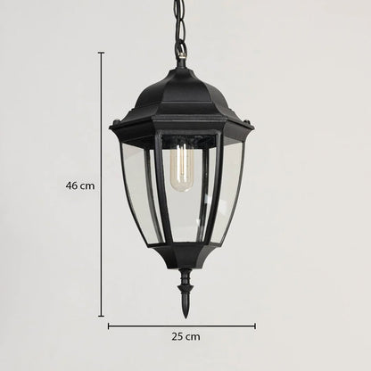 Black metal outdoor hanging lantern showing height 46 cm and width 25 cm ideal for porch entryway and exterior Decor.