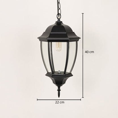 Outdoor hanging lantern in black metal with clear glass showing 40 cm height and 22 cm width ideal for porch and entryway lighting.
