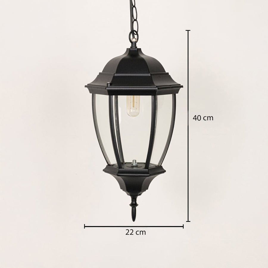 Outdoor hanging lantern in black metal with clear glass showing 40 cm height and 22 cm width ideal for porch and entryway lighting.