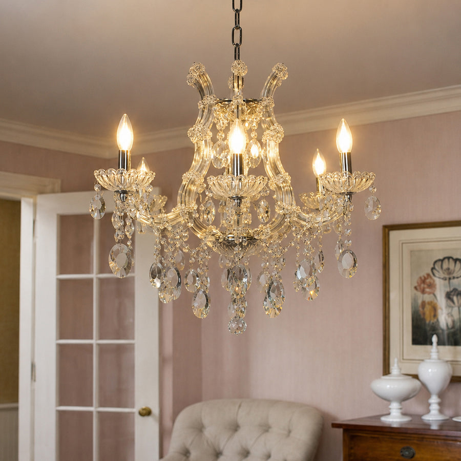 Lifestyle image of victorian chandelier for luxury living room decor styling with elegant detailing.