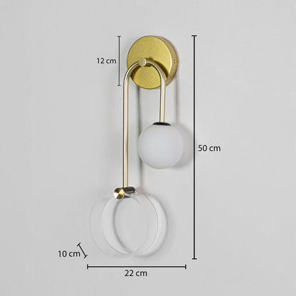A gold wall light with a frosted globe and dual rings shown with dimensions marked as height 50 cm width 22 cm ring depth 10 cm and top curve height 12 cm for clear understanding.