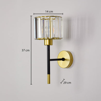 Gold and black metal wall light with crystal shade measuring 37 cm height 14 cm width and 29 cm projection for walls.