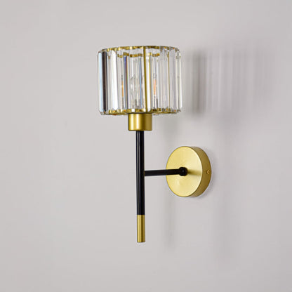 Gold and black metal wall light with crystal shade switched off on white background ideal for elegant wall decor styling.