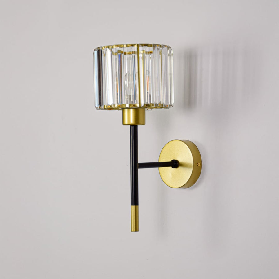 Gold and black metal wall light with crystal shade switched off on white background ideal for elegant wall decor styling.