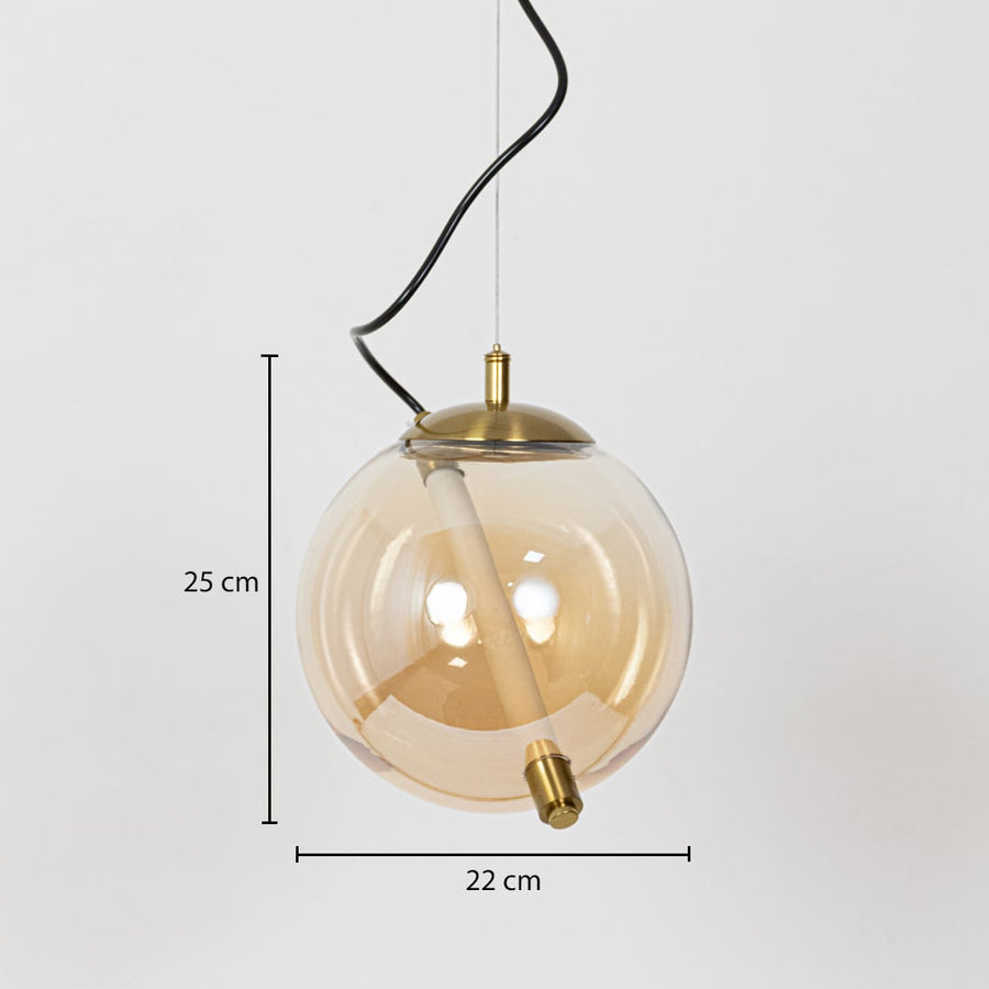 Amber glass and brass globe pendant light dimension image with 22 cm width and 25 cm height for luxury bedside placement.