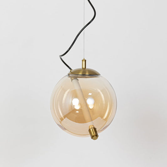 A reflective smoke glass pendant light sphere shown against a white backdrop featuring a sleek modern form with the light clearly off.