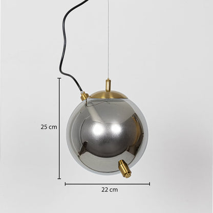 Silver chrome metal globe pendant light dimension image with 22 cm width and 25 cm height for modern bedside placement.