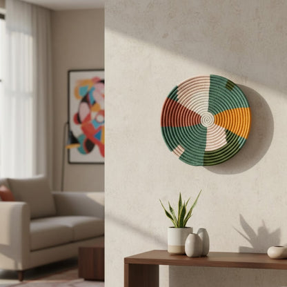 Decorative round wall art with leaf inspired multicolor design mounted above console table adding fresh accent to contemporary living room decor.