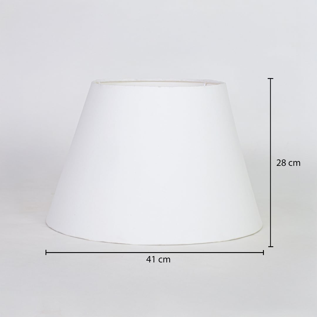 White fabric lamp shade measuring 28 cm height and 41 cm width for modern lighting decor placement.