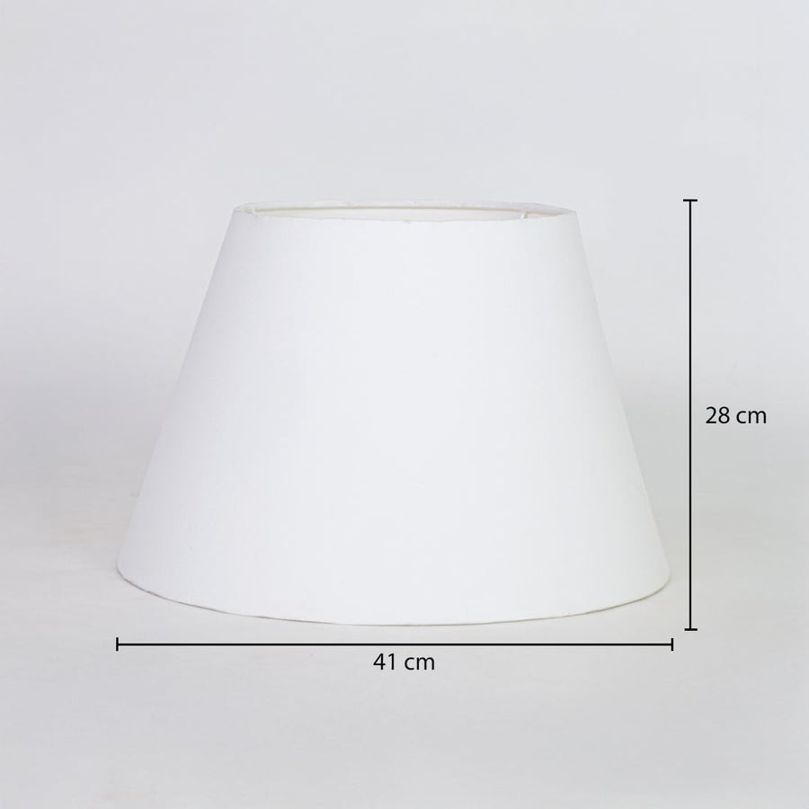 White fabric lamp shade measuring 28 cm height and 41 cm width for modern lighting decor placement.