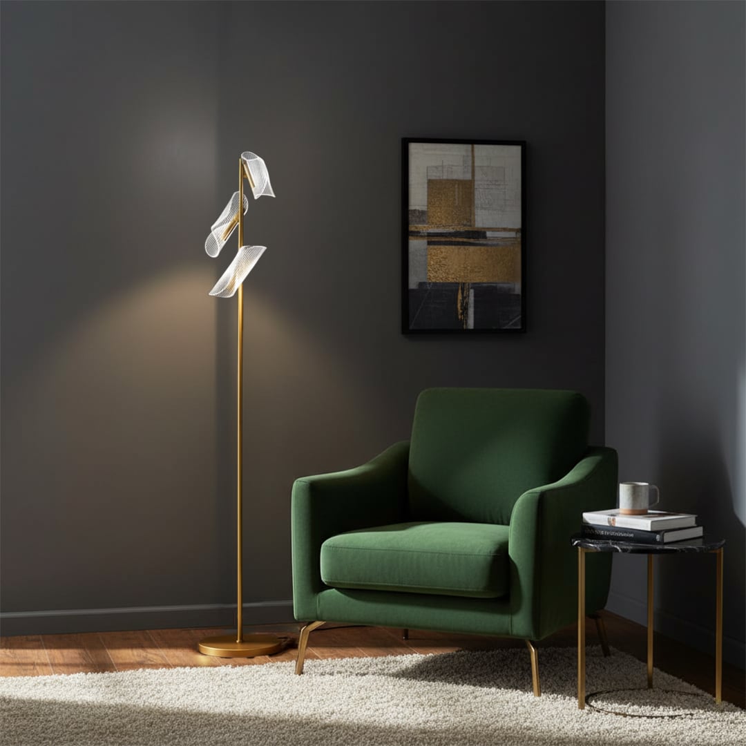 Modern gold floor lamp with sculpted acrylic light panels glowing softly beside a green armchair creating a warm elegant ambience in a cozy living room.
