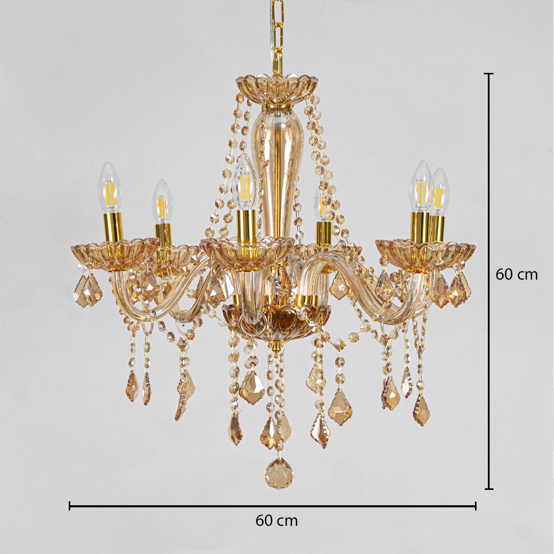 Golden crystal chandelier sized 60 cm height and 60 cm width ideal for luxury dining room or living room ceiling lighting.