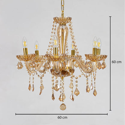 Golden crystal chandelier sized 60 cm height and 60 cm width ideal for luxury dining room or living room ceiling lighting.