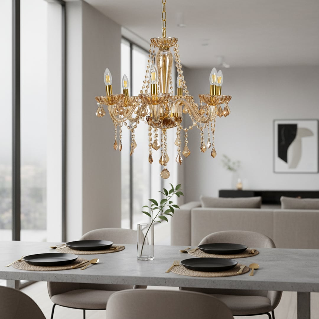 Golden crystal chandelier with elegant arms and warm lighting adds luxury charm to dining room or living room ceilings.