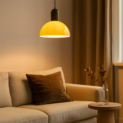 Modern two-tone pendant light in orange and green bringing warmth color and personality to modern decor and eclectic interiors.