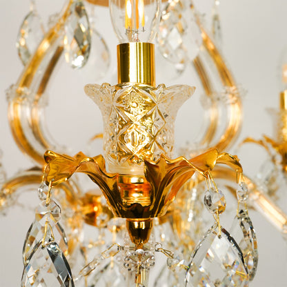 Closeup image of petite clear crystal chandelier for modern dining room decor styling with beautiful crystal detailings.
