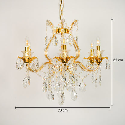 Dimension image of petite clear crystal chandelier for modern dining room decor styling with exact precise measurements.